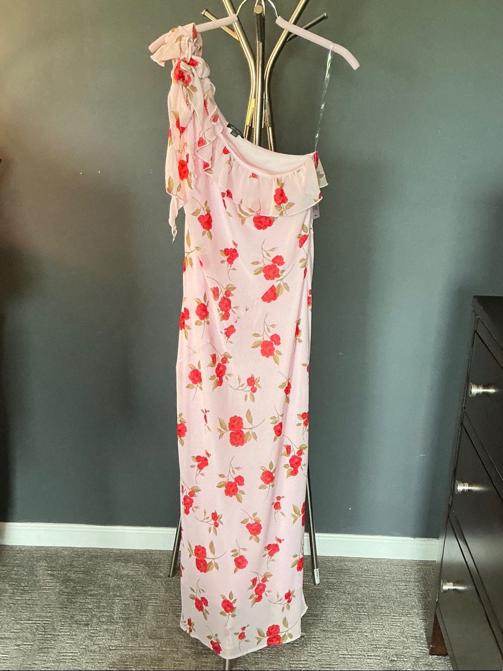 wild fable Pink One-Shoulder Maxi Dress with Red Floral Print